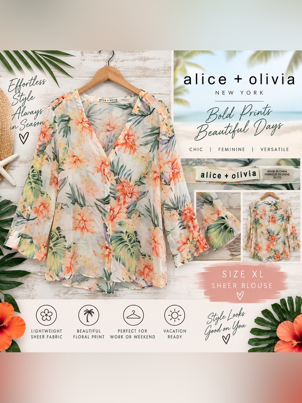 #0390 Alice + Olivia Floral Sheer Chiffon Blouse Top XL Tropical Print